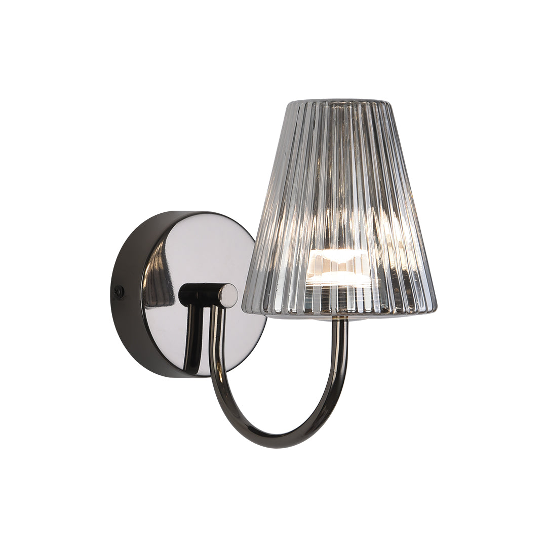 Elegant wall sconce with ribbed glass shade and curved black mounting arm