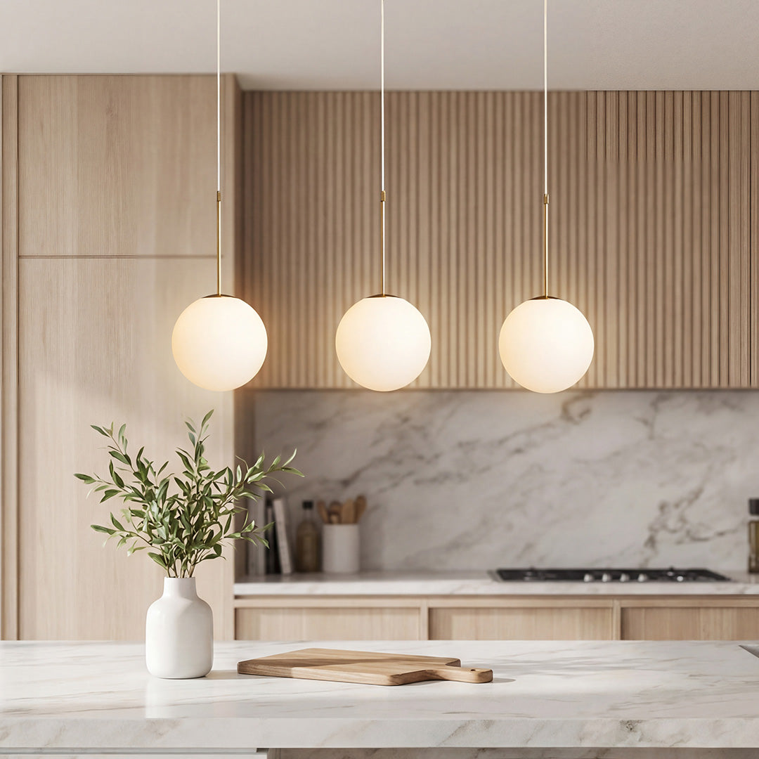 Elegant trio of White Faux Pendant Light globes over a modern marble island with wood cabinets.