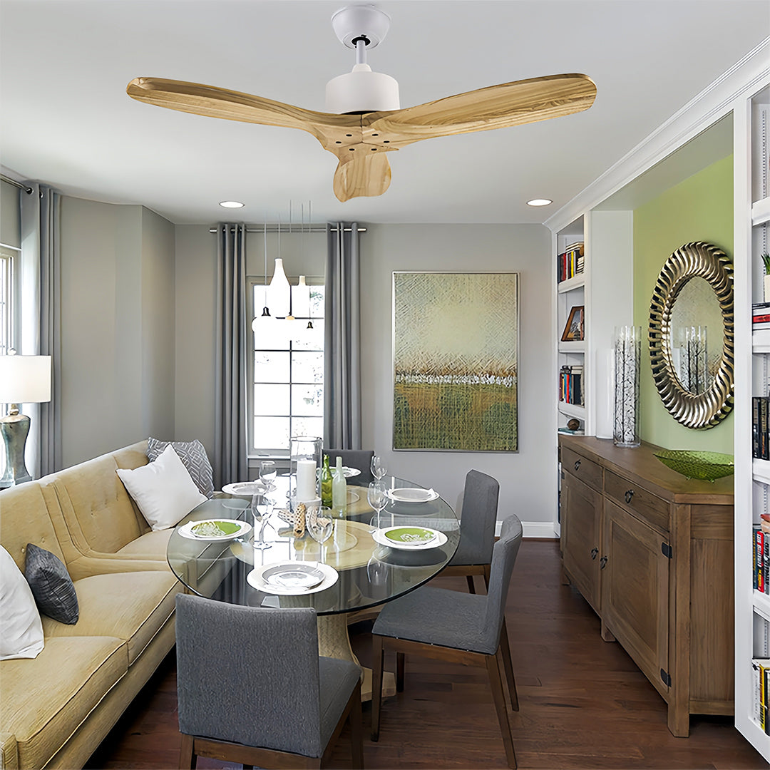 Elegant wooden ceiling fans with light installed in sophisticated dining room setting