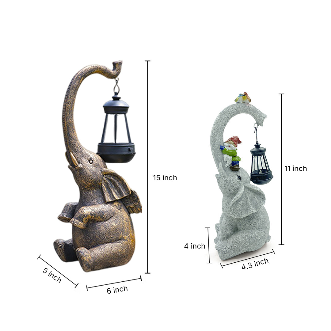 Technical diagram showing dimensions and specifications of elephant lantern garden ornament design