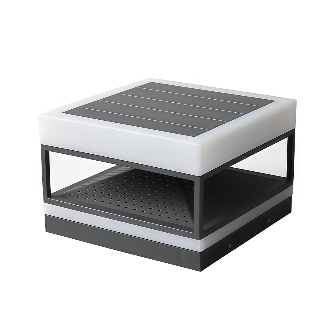 White pillar top light with a black metal frame and perforated sides, displayed from a slightly elevated angle.