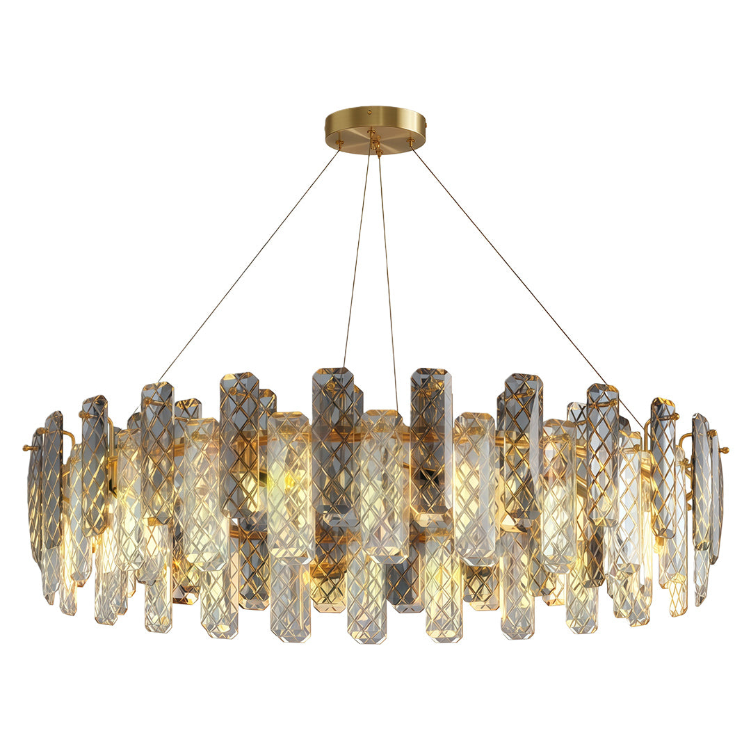 Contemporary crystal chandeliers featuring elongated black frame with dense crystal pattern.