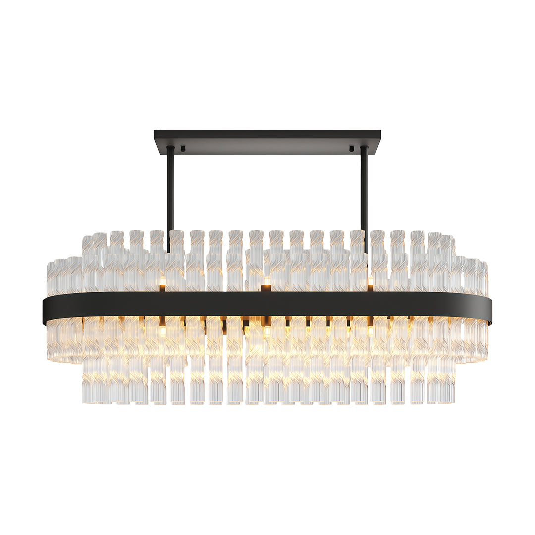 Industrial modern chandelier in elongated black metal with dense crystal arrangement