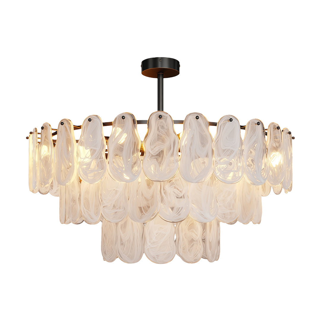 Midcentury modern chandelier with elongated black frame and horizontal glass panel layers.