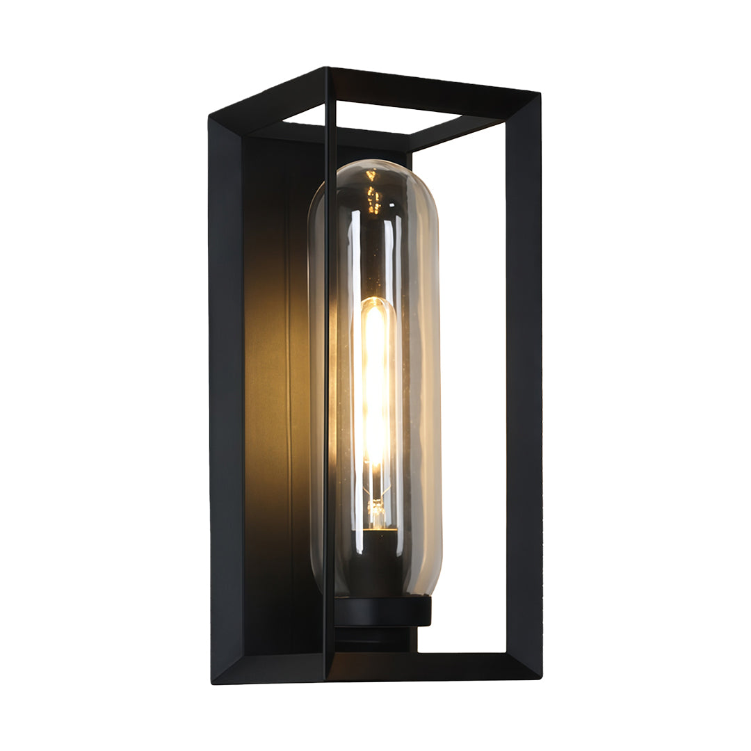Elongated black outdoor wall sconce modern style with open frame design and exposed Edison bulb