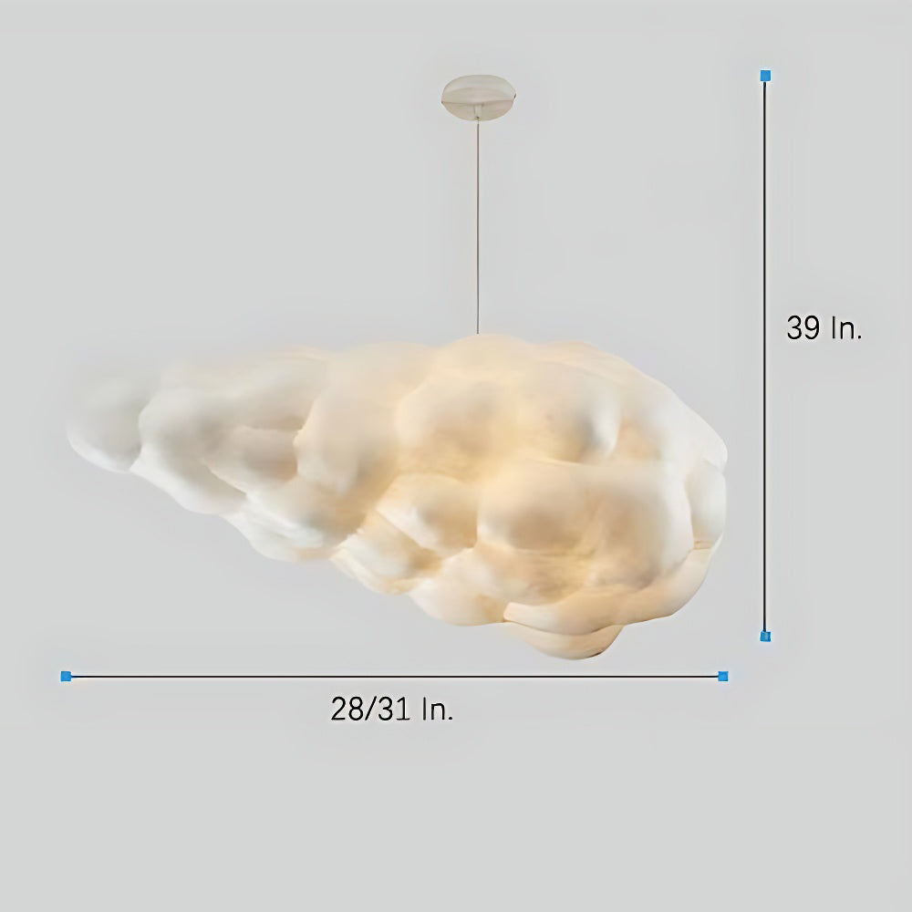 Elongated cloud pendant light with ceiling mount and size annotations.