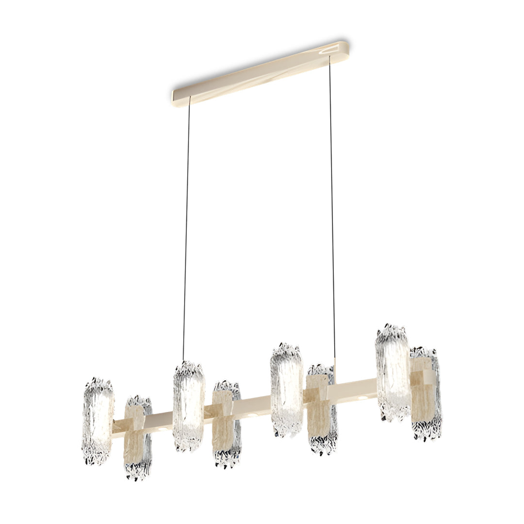 Elongated metal modern chandelier featuring linear design with crystal glass elements suspended in gold finish