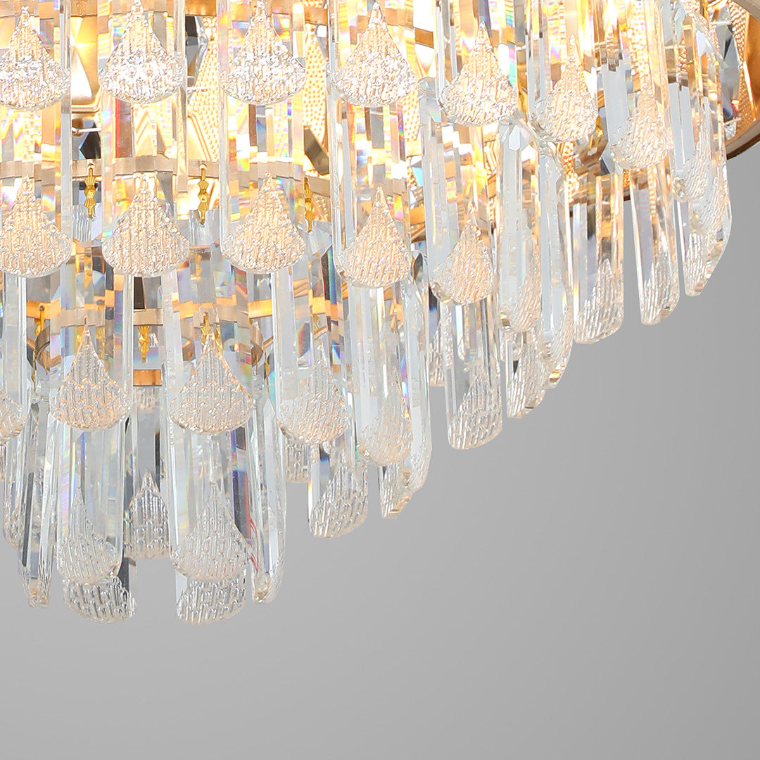 Close-up on the elongated rectangular crystals of the ceiling fans with crystal lights 