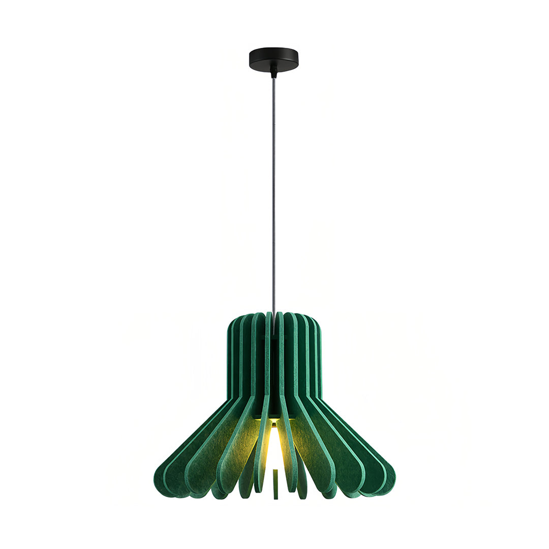 Close-up view of the emerald green felt fabric tiny pendant light with internal bulb 