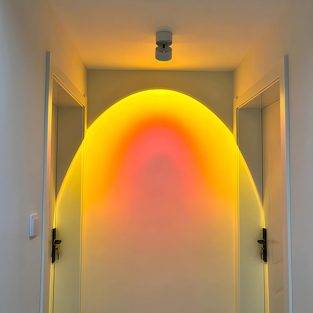 Illuminate your ceiling with LED spotlights designed as small hill sunset lights, providing gentle, ambient lighting to create a serene atmosphere.