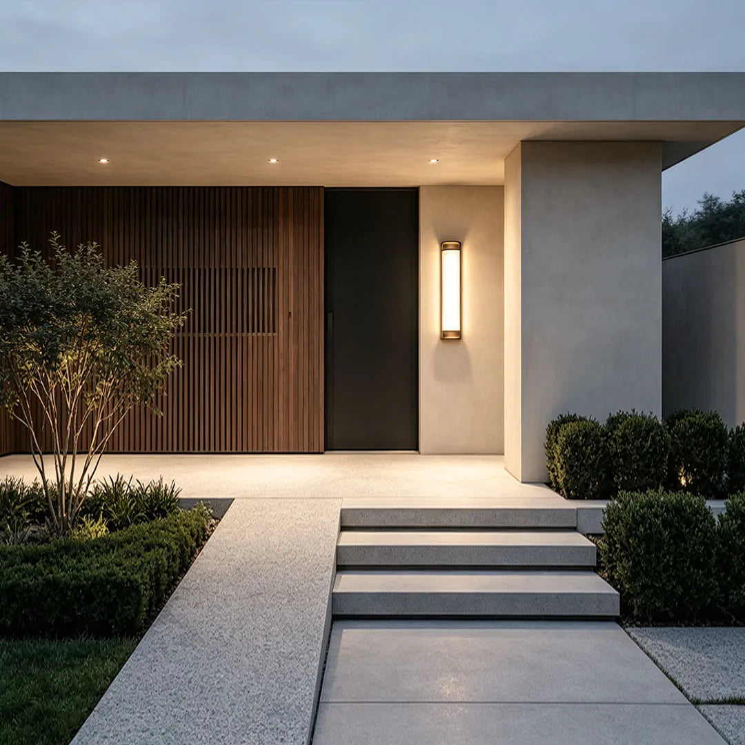 LED outdoor wall sconces enhancing a modern front entrance with architectural lighting.