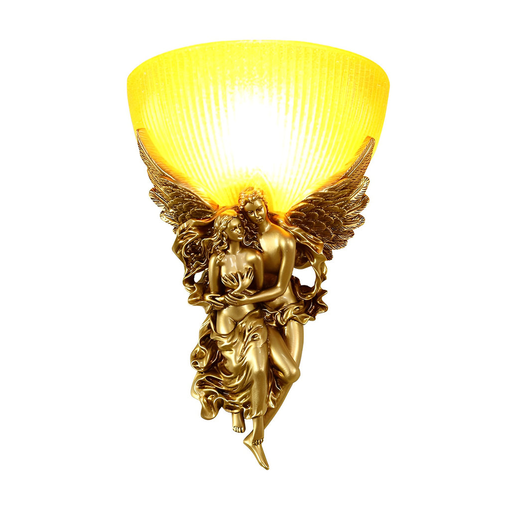 Detailed view of a European angel wall sconce with angelic figures and ornate design.