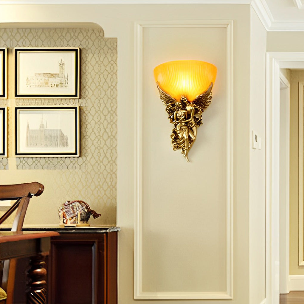 European angel wall sconce lighting up a hallway, adding sophistication to the home entrance.