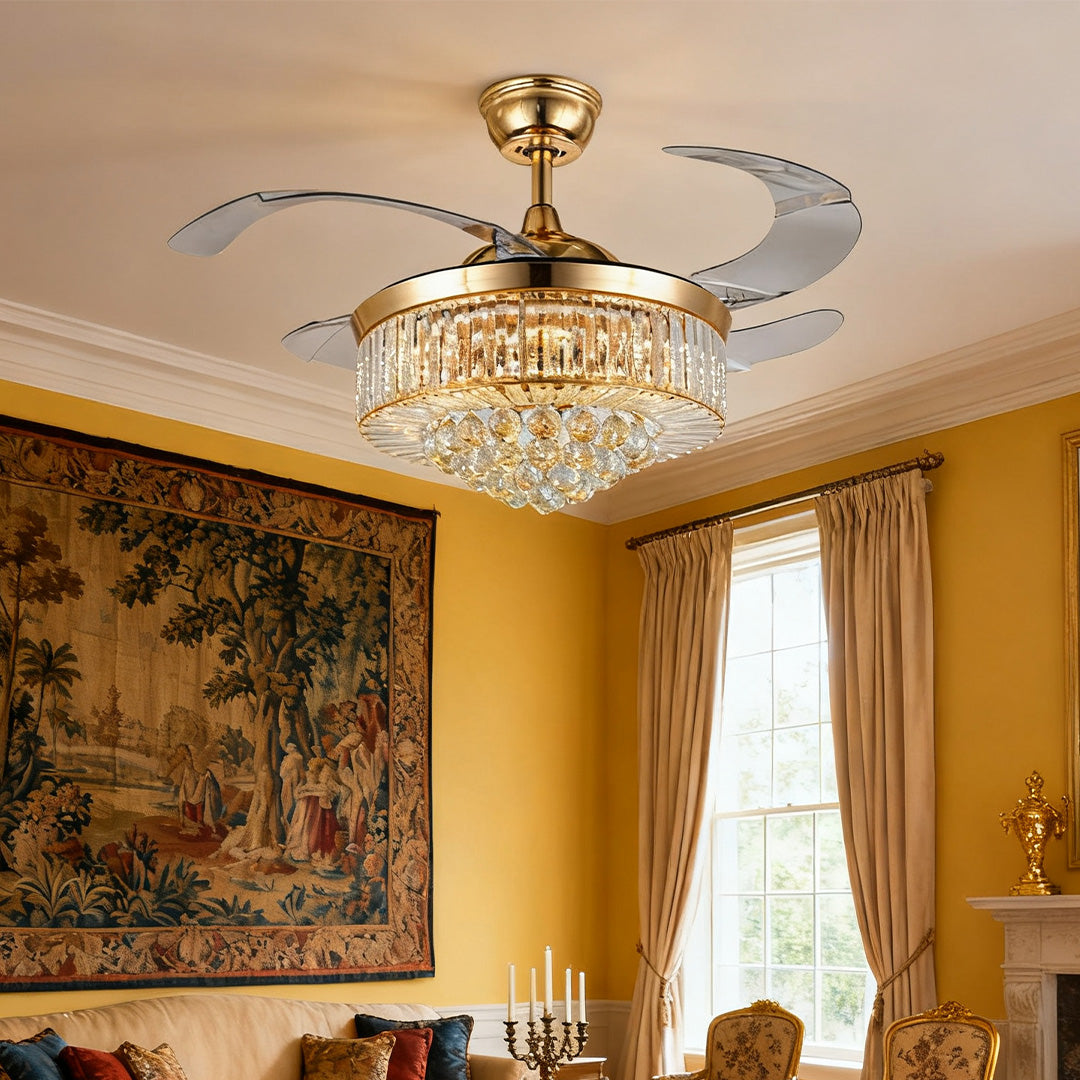 European classical crystal ceiling fans with lights above a tapestry in a dining space 
