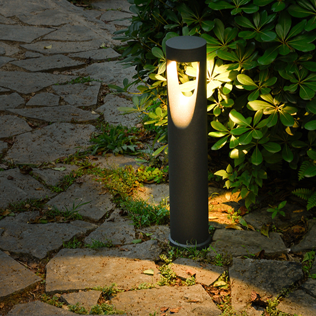 Evening garden scene featuring multiple bollard fixtures creating dramatic lighting effects on plants