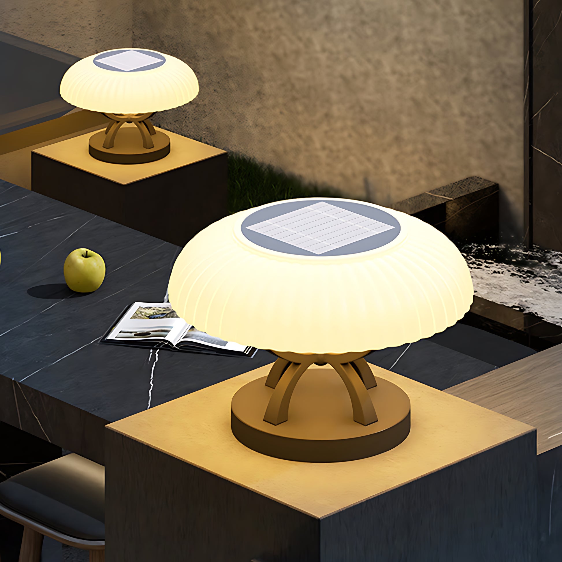 Evening scene showing hollow square pillar light with glowing LED canopy creating warm outdoor ambiance on stone surface