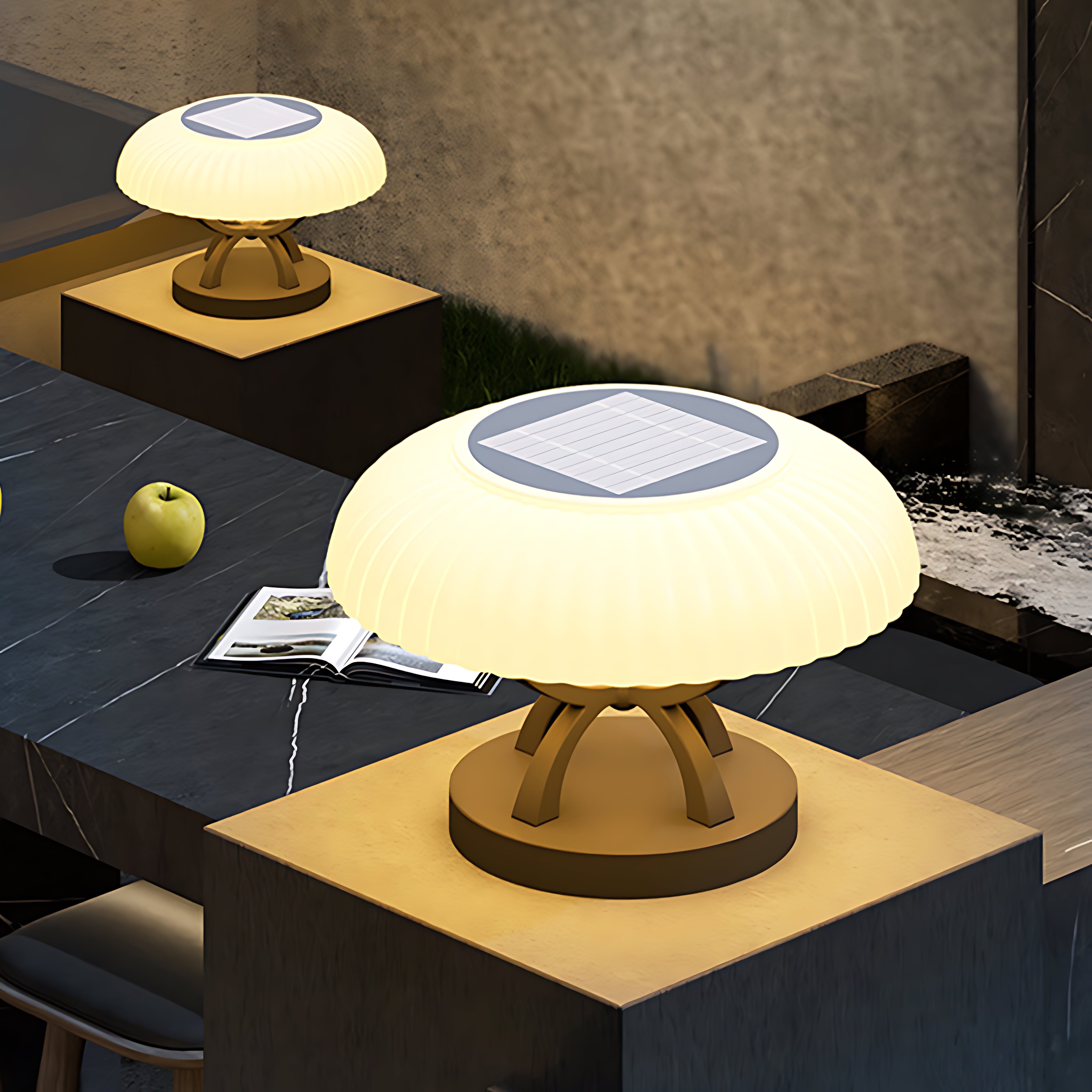 Evening scene showing hollow square pillar light with glowing LED canopy creating warm outdoor ambiance on stone surface