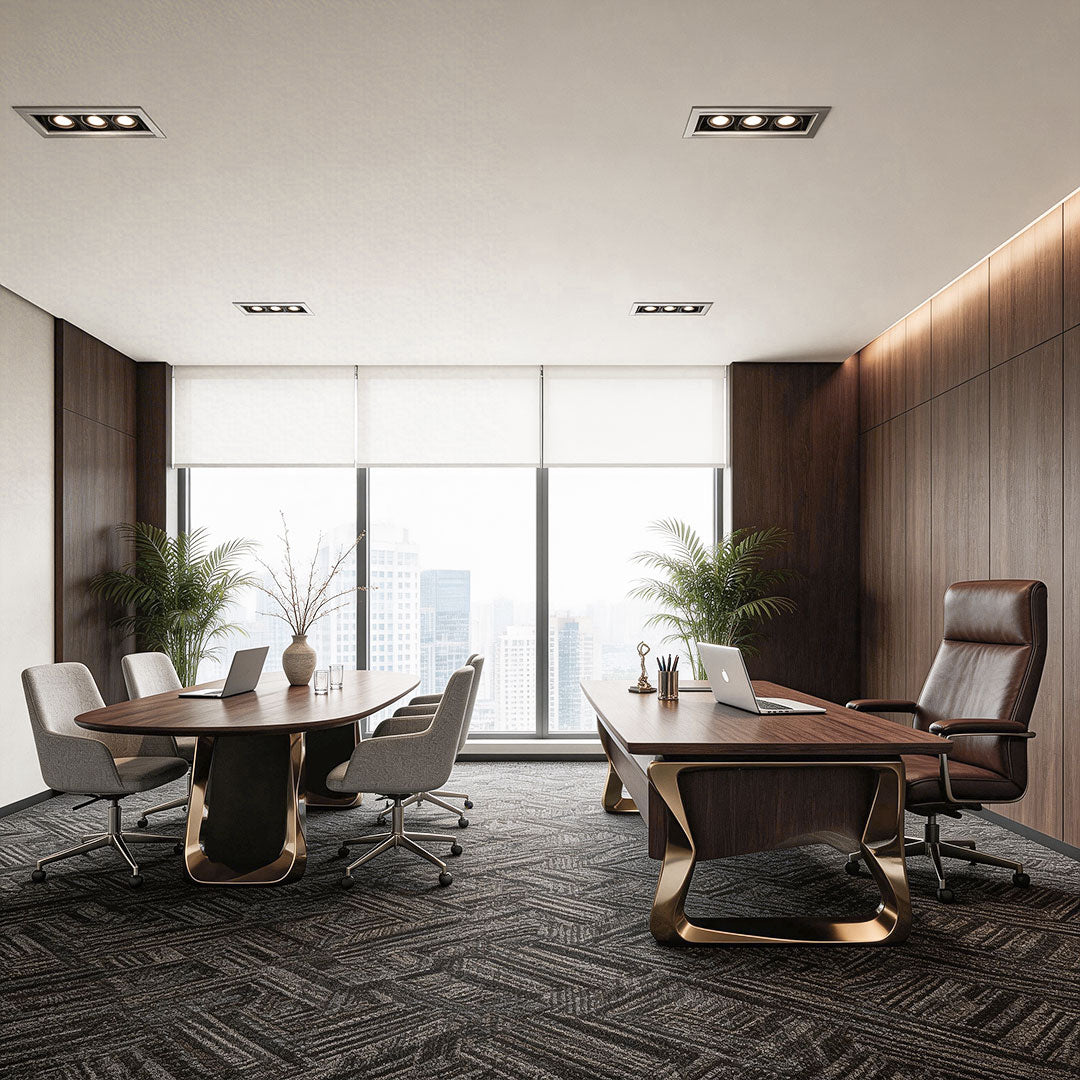 Executive office space with desk setup and led spotlight indoor enhancing workspace lighting.