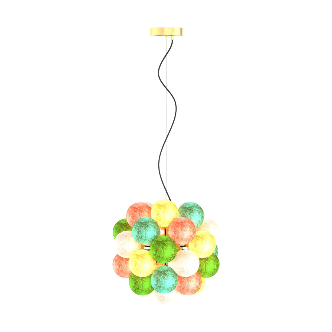Expanded cluster design of stained glass chandelier with more colorful glass spheres.