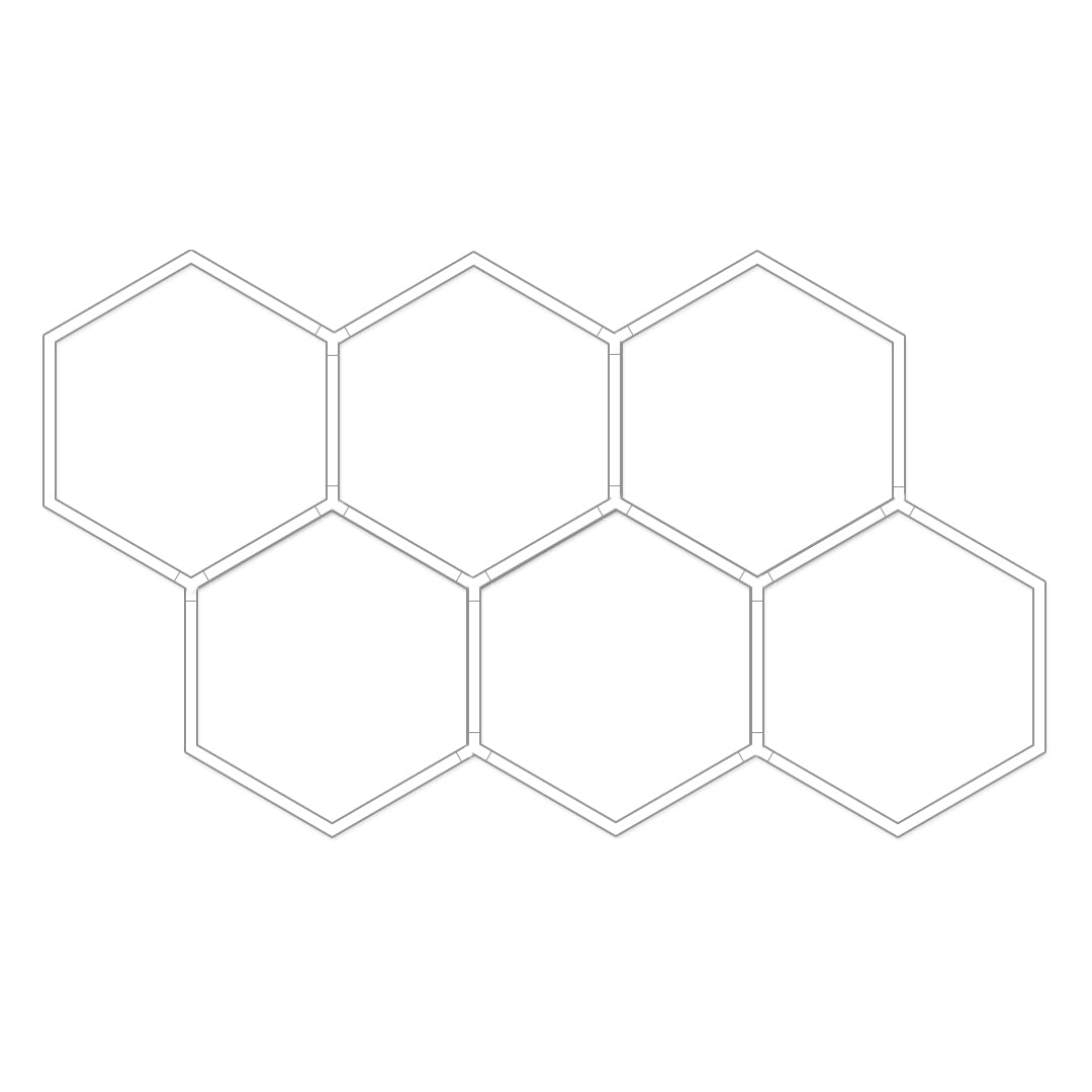 Extended modular honeycomb ceiling light pattern with connected hexagon LED design elements.
