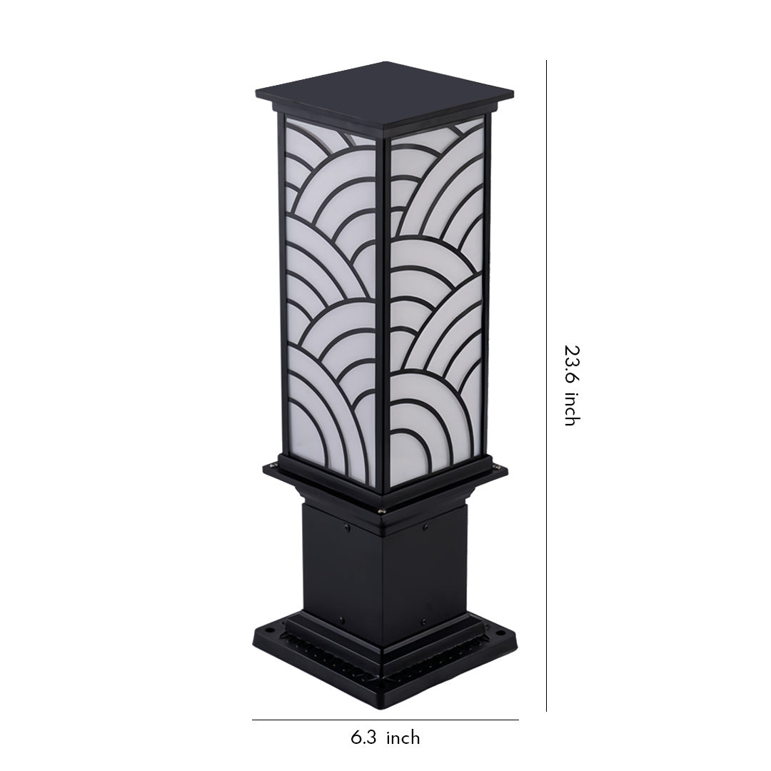 Decorative exterior bollard light with geometric cut-out metal design, shown as a standalone product against a plain background.