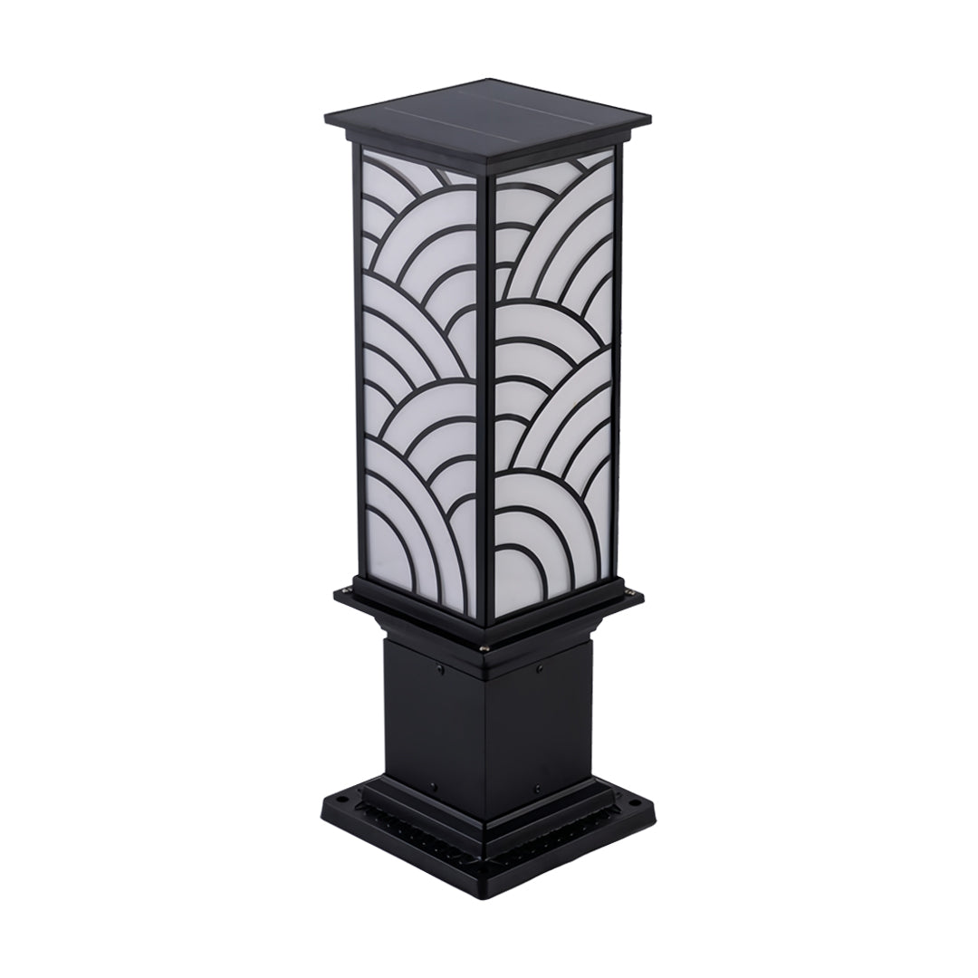 Tall exterior bollard light with a black frame and leaf-pattern panels, displayed cleanly on a white background.