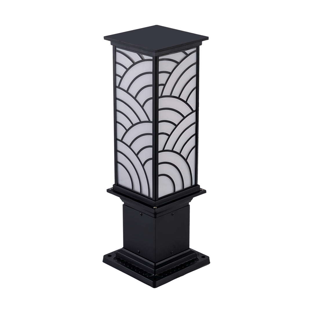 Modern exterior bollard light featuring a patterned black structure photographed as a product shot on a neutral background.