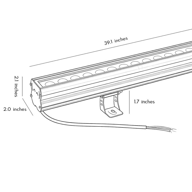 Exterior LED flood lights dimension drawing with linear architectural outdoor lighting measurements.