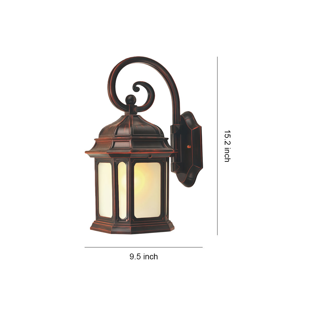 Exterior LED wall light with scrolled bracket and frosted glass panels in bronze finish, displayed with size measurement