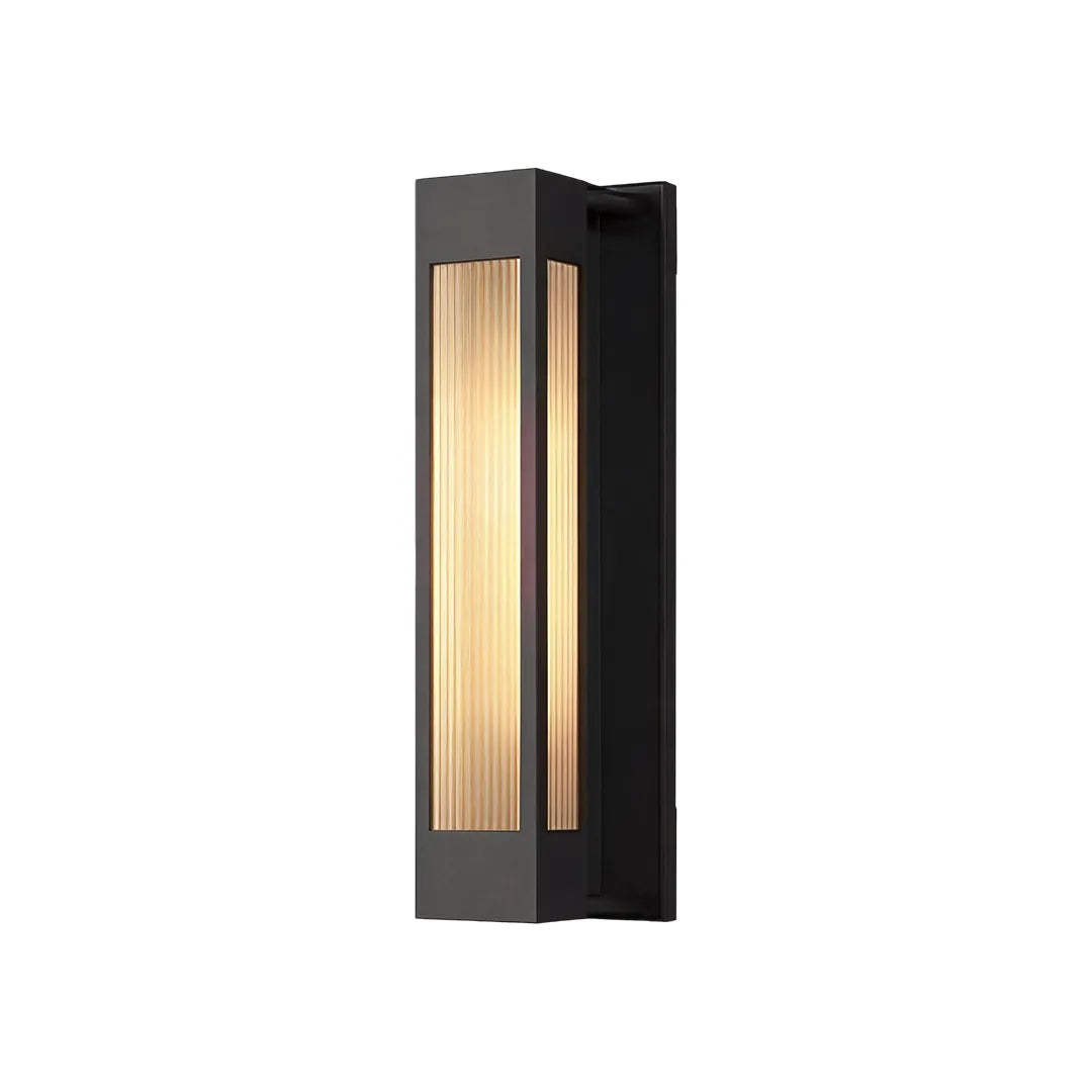 Exterior LED wall sconce lighting product view with a slim black frame and warm vertical diffuser.
