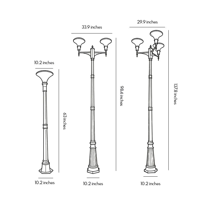 Dimension diagram showing single, double, and three-head exterior light post sizes and measurements.