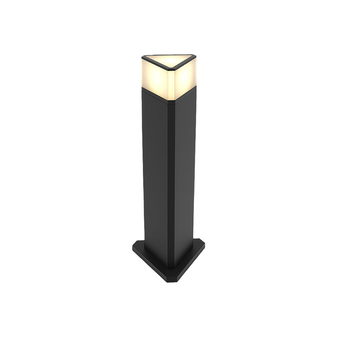 Exterior pathway light featuring a minimalist black triangular design and a soft light glow.