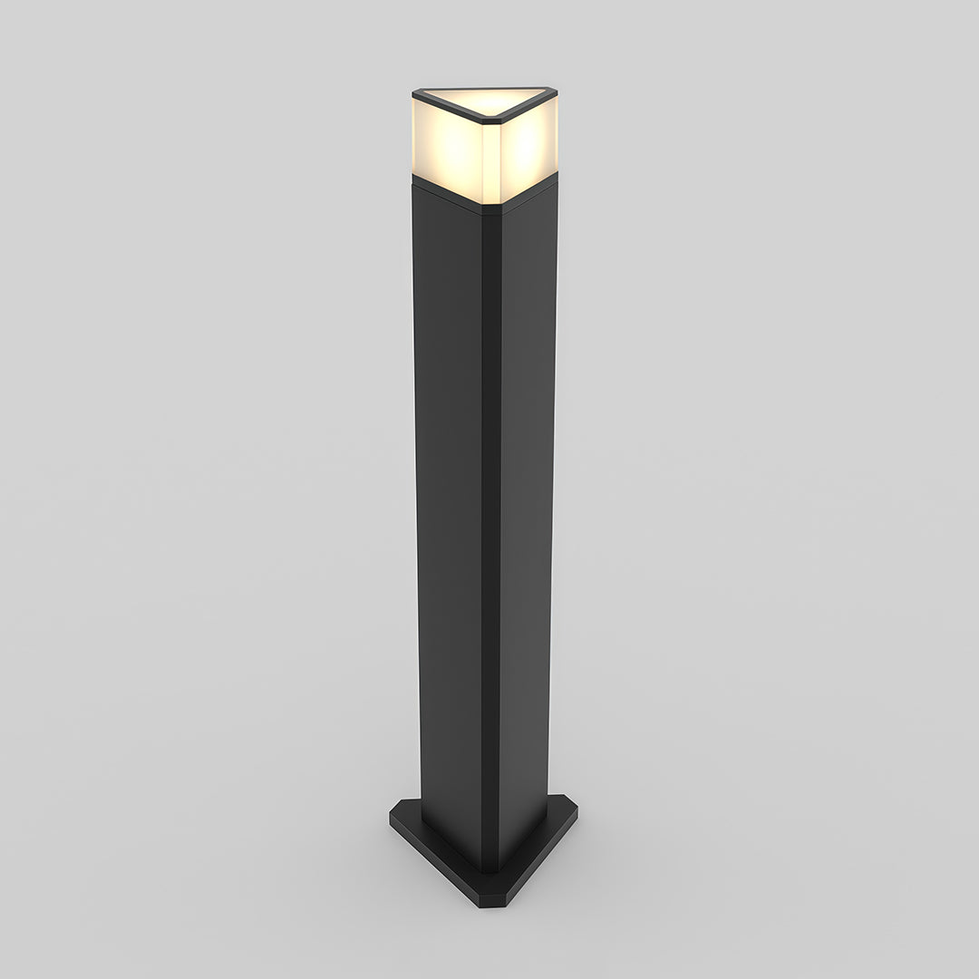 Exterior pathway light featuring a minimalist black triangular design and a soft light glow.