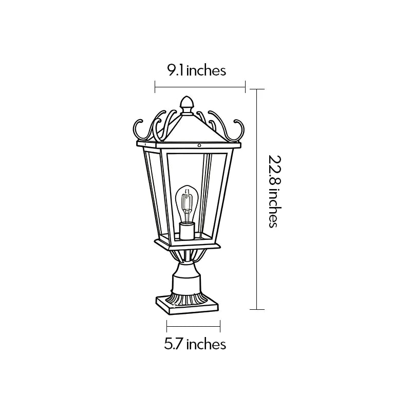 Exterior pillar light dimension drawing showing the fixture height and width for outdoor post and column installation.