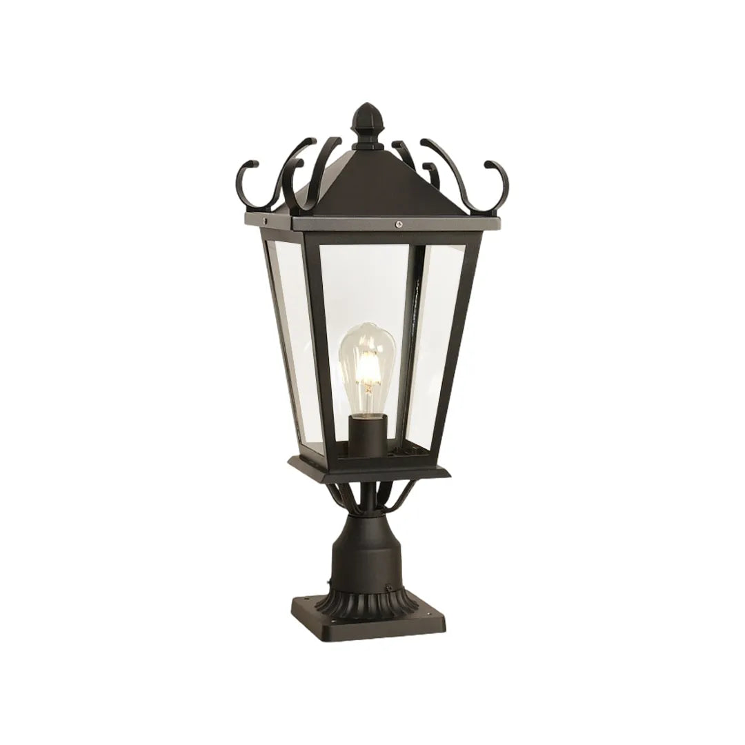 Exterior pillar light product image on a white background, featuring a black lantern-style outdoor fixture for gate and fence columns.