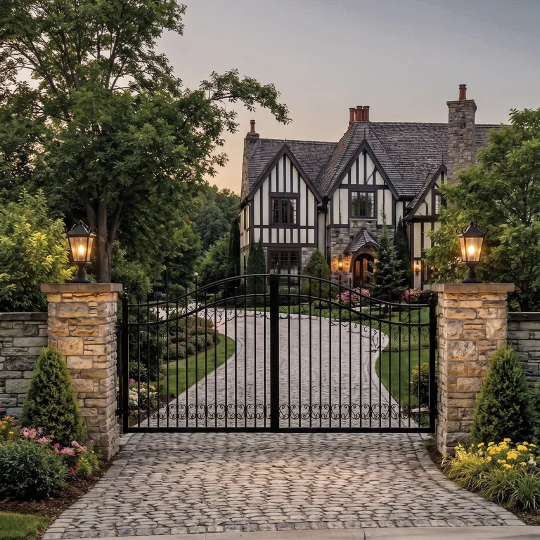 Exterior pillar lights installed on both sides of a black metal driveway gate, creating a welcoming and elegant front entry.