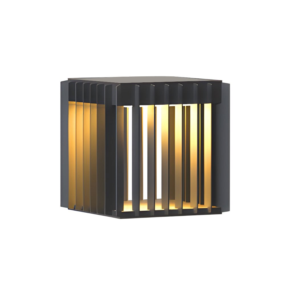 Exterior pillar lights with warm light, showcasing their modern and functional design.