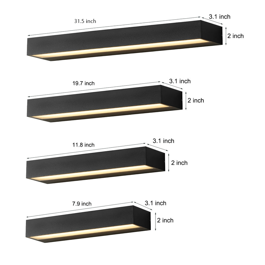 Size comparison chart of exterior porch light fixtures showing multiple length options.