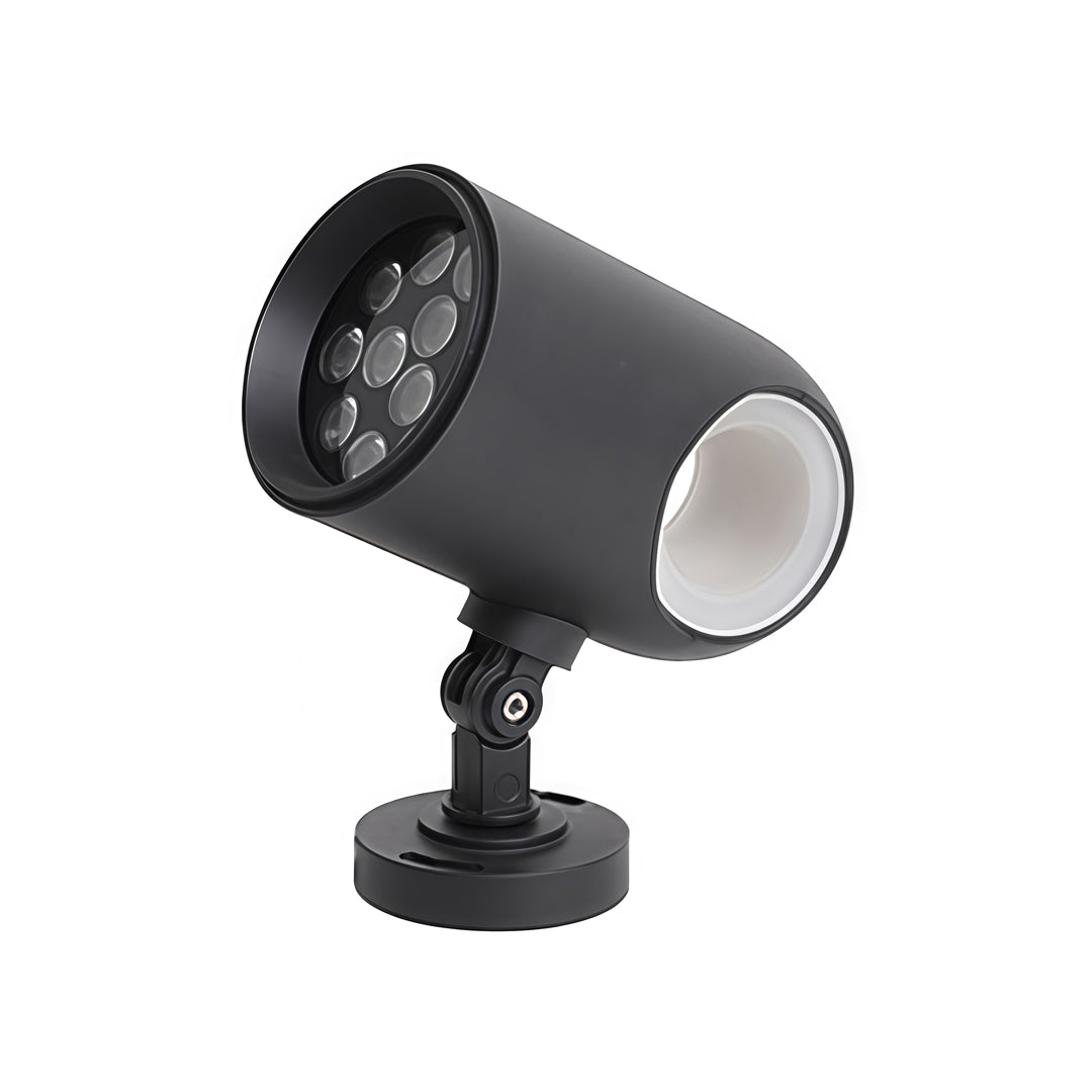 Black cylindrical exterior spotlight fixtures featuring an adjustable mount for outdoor landscape lighting.