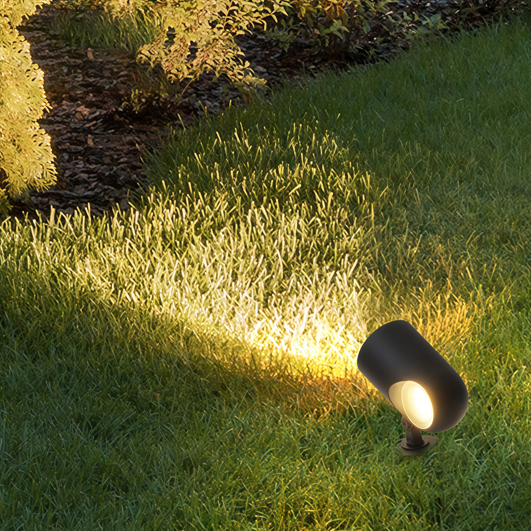 Bright focused exterior spotlight fixtures enhancing landscape textures and plants during nighttime.