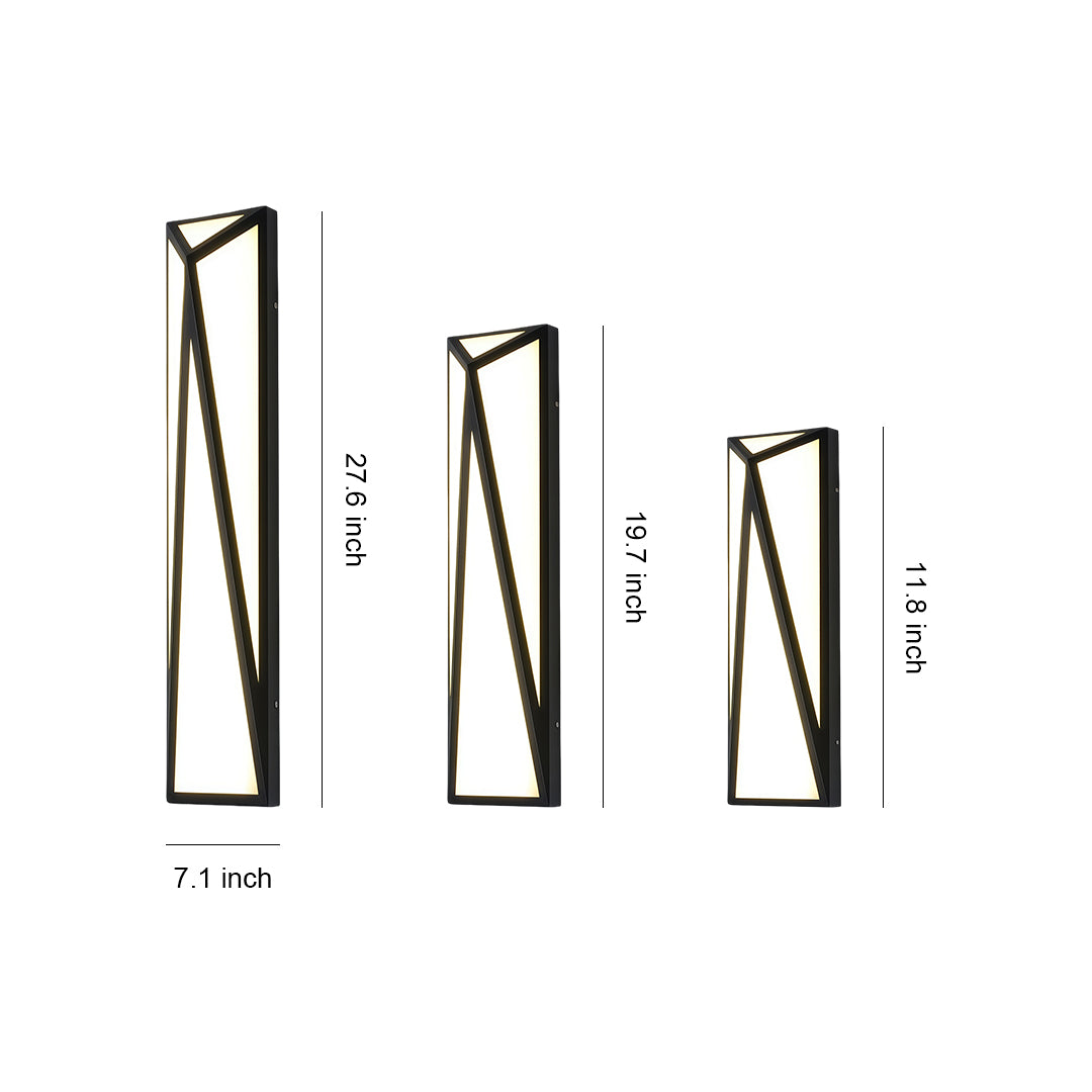 Exterior wall light black with glass shade chandelier inspired design showing three sizes in vertical triangular form with dimensions.
