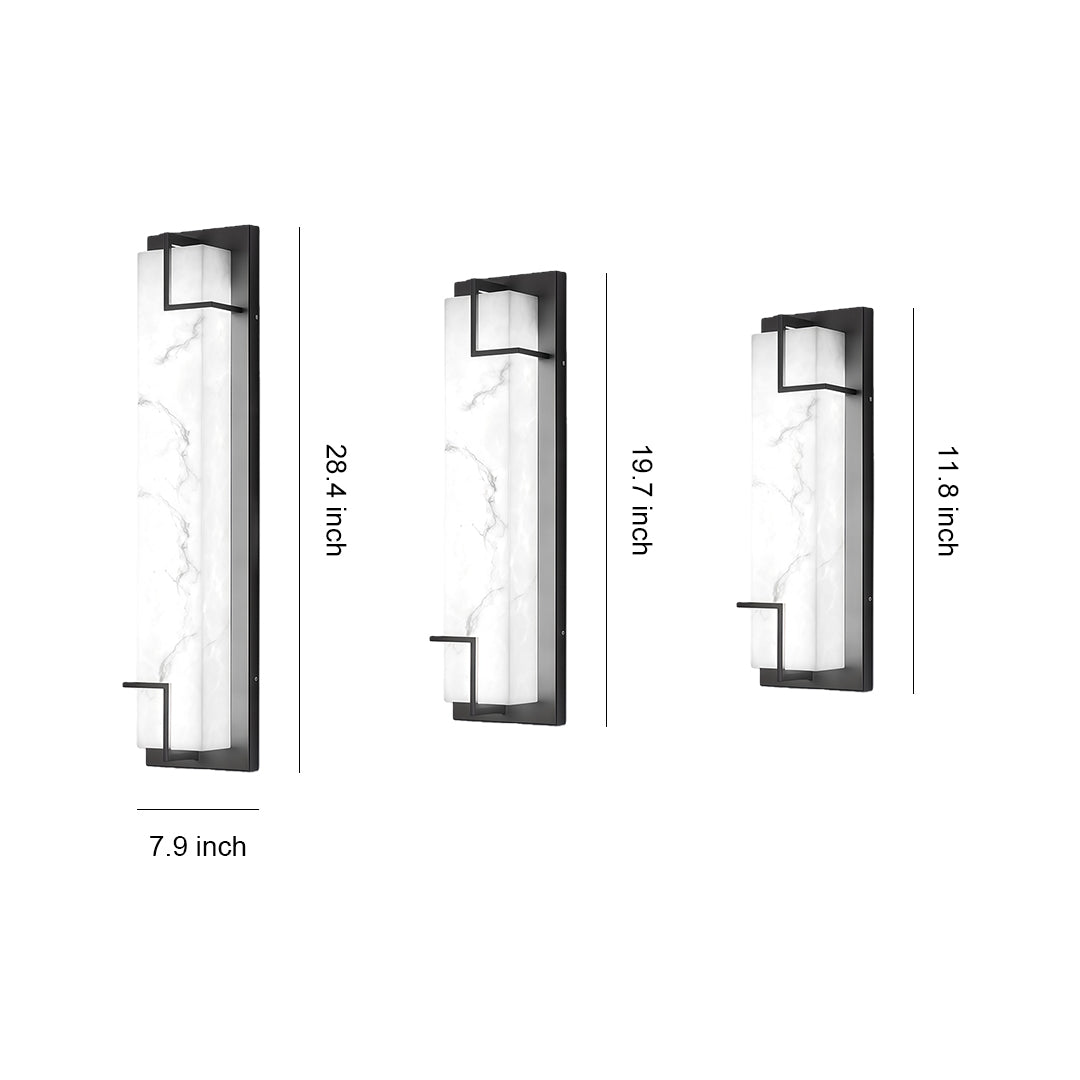 Exterior wall lights black with glass shade chandelier inspired design showing three sizes in vertical rectangular form with frosted panels.