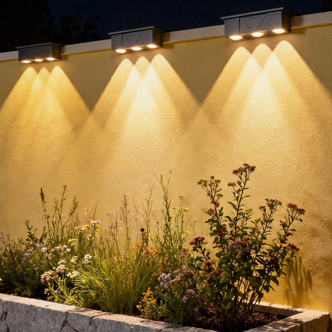 Soft white exterior wall wash lighting illuminating a long exterior wall with smooth, even downward glow.