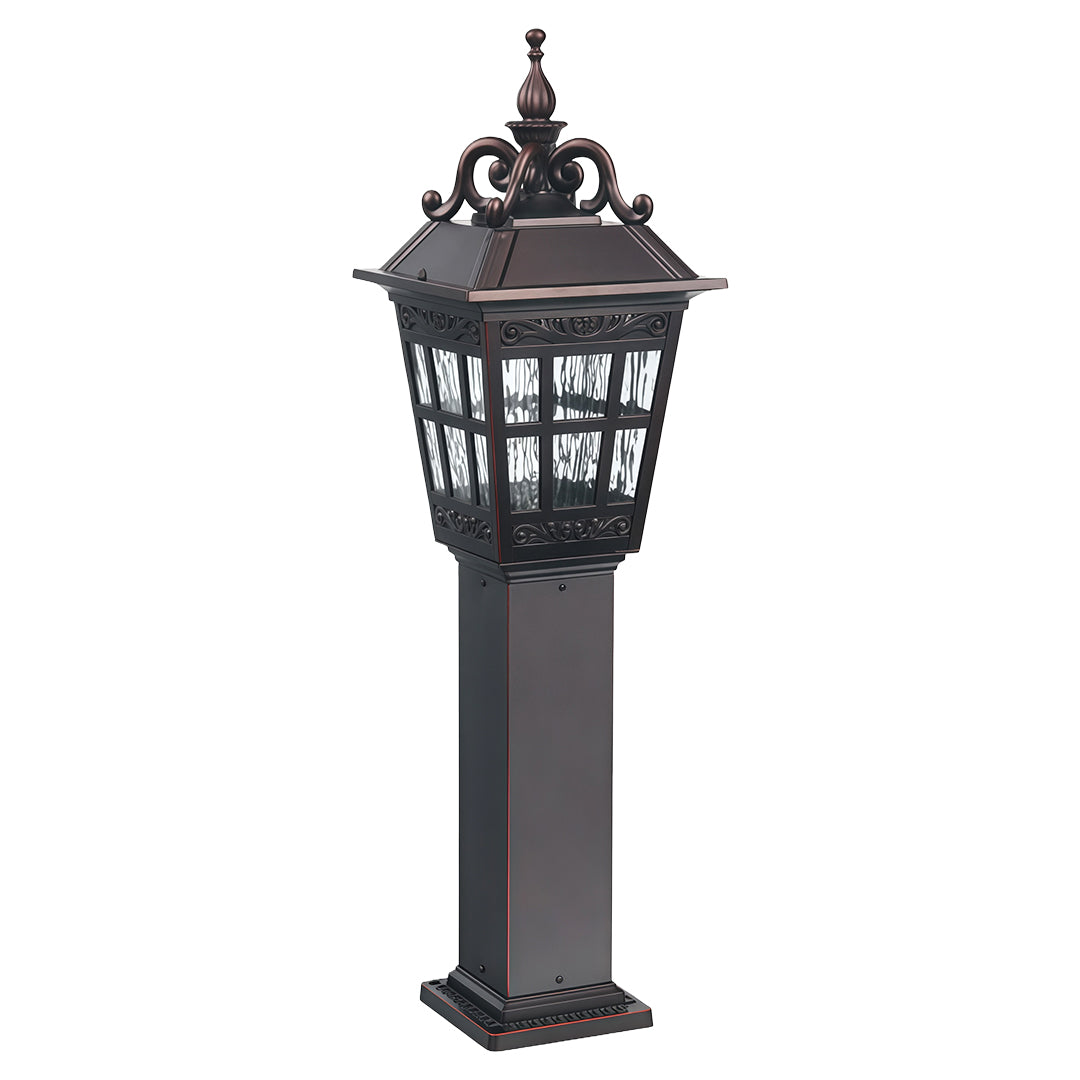 External post lights with a close-up of the ornate design and warm light.