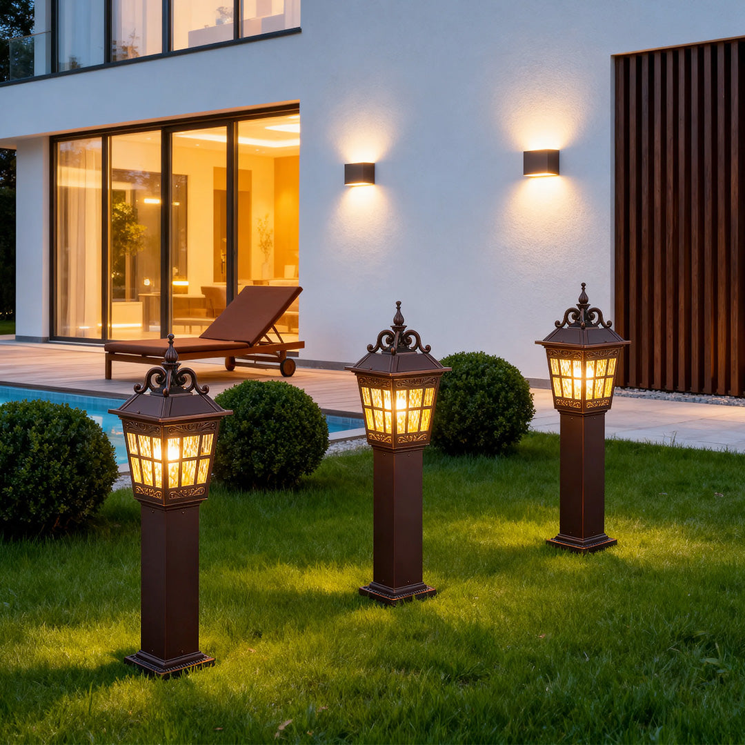 External post lights displayed in a pair, highlighting their vintage design.