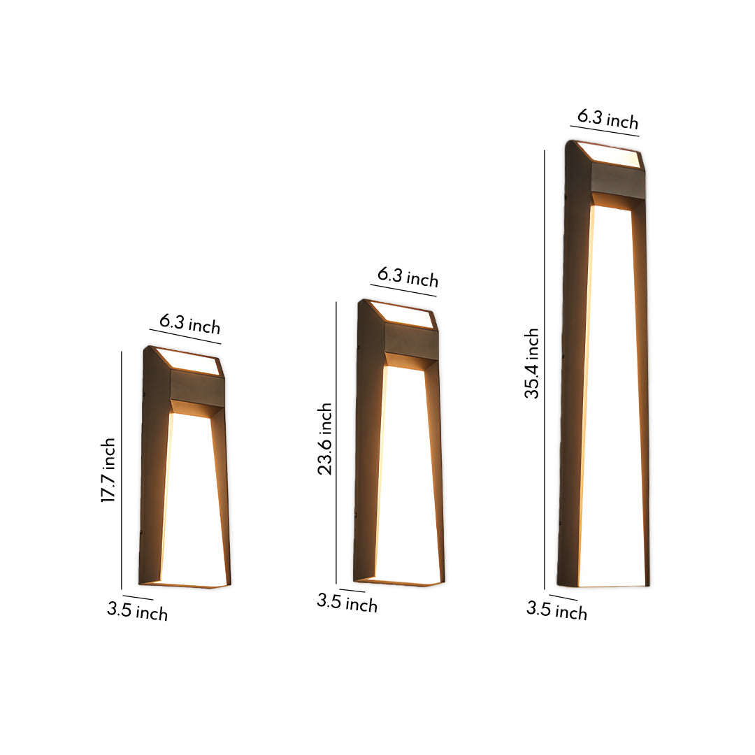 Extra large outdoor wall lights in three sizes showing trapezoid design with wood finish and downward illumination