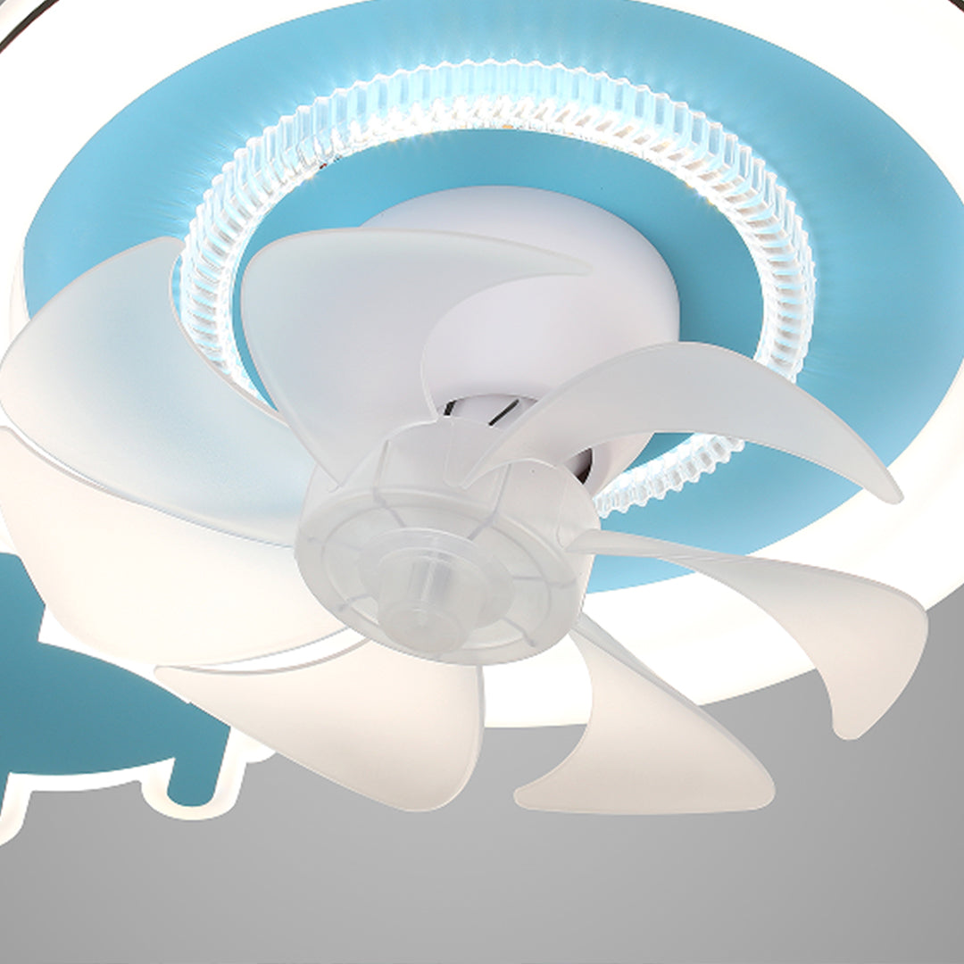 Extreme close-up of the small inner fan and glowing blue plastic airplane accent on the children's ceiling fans with lights. 