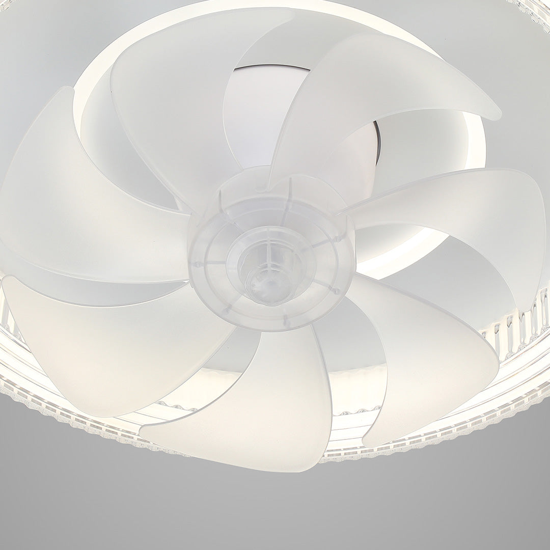 Extreme close-up of the wide, aerodynamic white blades on the circular ceiling fan with light for efficient air movement. 