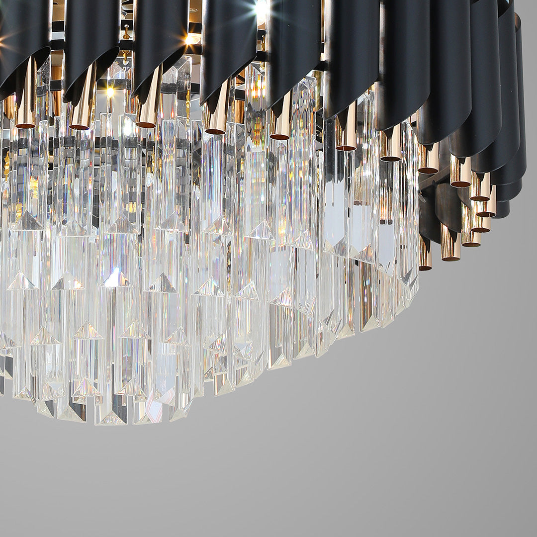 Extreme close-up of the multi-faceted crystal prisms on the black ceiling fans with light 