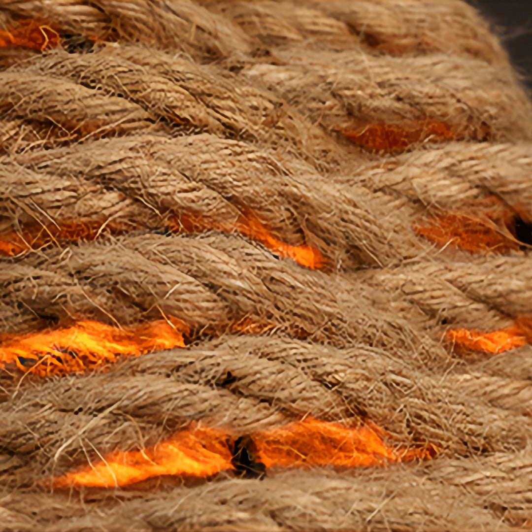 Extreme close up of thick woven rope pendant lights with the warm inner glow of the light source visible through the fibers.
